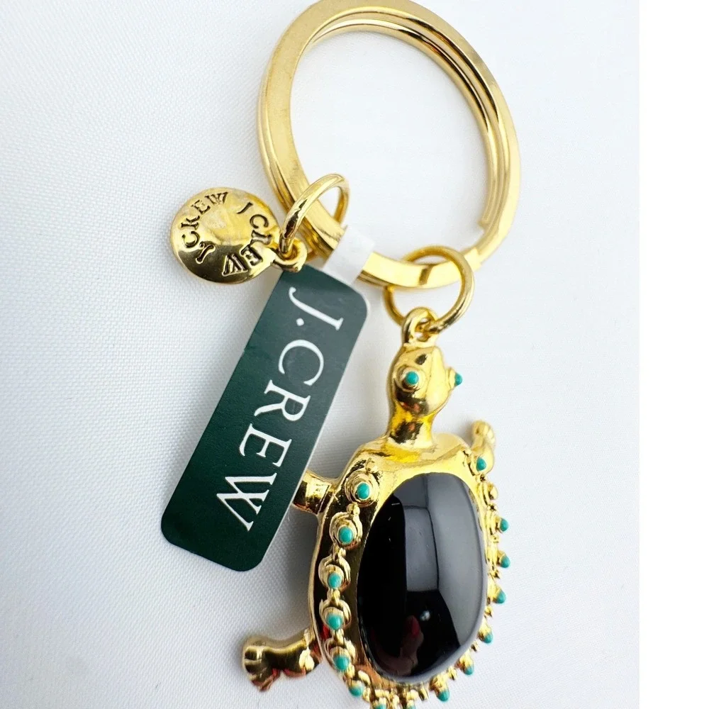 J.Crew Gold Tone‎ Black Cabochon Turtle Keychain Bag Charm Turquoise Accents NEW